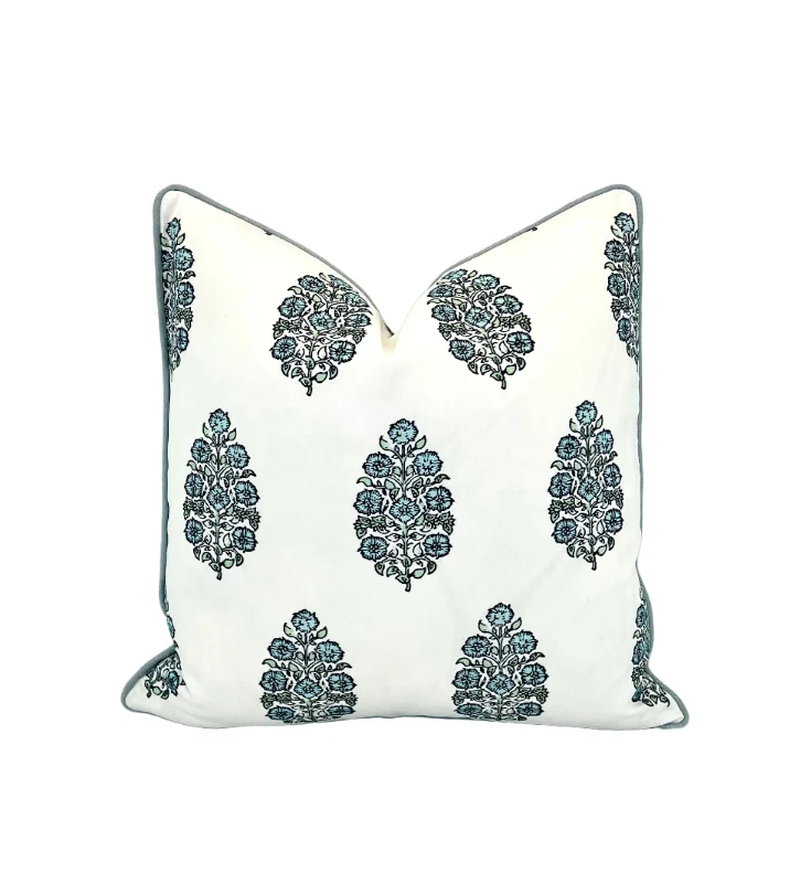 Decorative Pillow Cover in Mughal Floral Print - Blue, Green and White or Ticking Soft and Quiet Blues