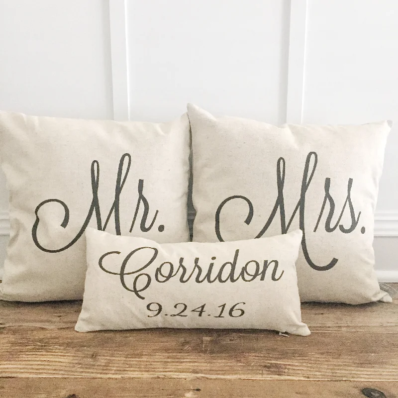 Mr & Mrs Pillow Covers With Name & Wedding Date (Set of 3)