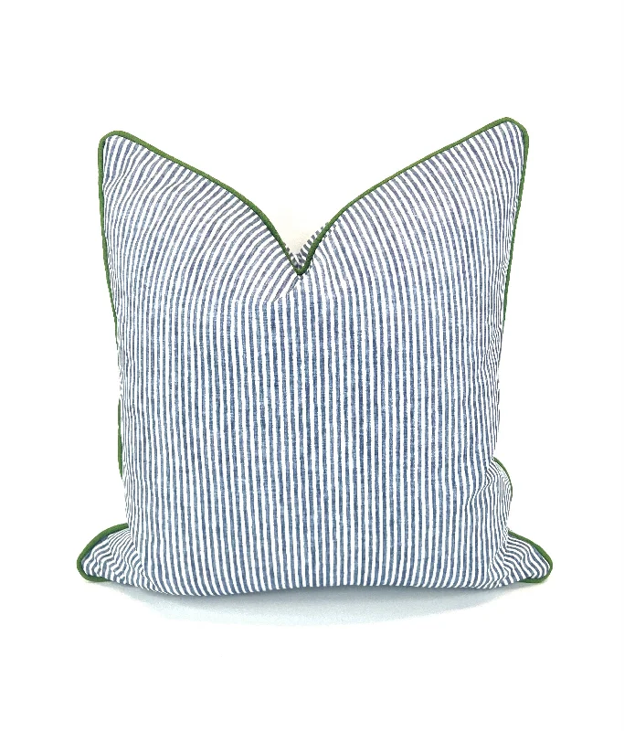 Ticking Dusty Blue & White in Kelly Green Welt/Piping Decorative Pillow Cover - Multiple Colors