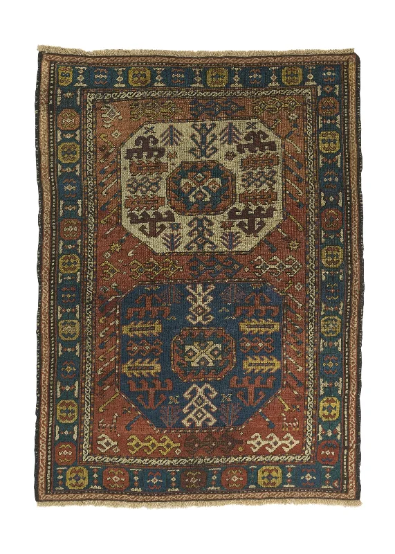 Caucasian Rug Kazak Handmade Area Antique Tribal 3'8"x5'0" (4x5) Red Blue Geometric Design #33942