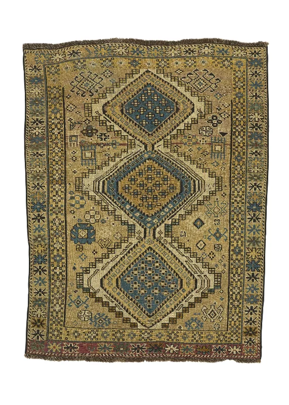 Caucasian Rug Shirvan Handmade Area Antique Tribal 3'3"x4'2" (3x4) Yellow/Gold Geometric Design #28918