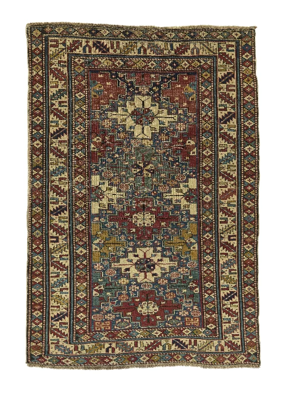 Caucasian Rug Shirvan Handmade Area Antique Tribal 3'9"x5'2" (4x5) Multi-color Whites/Beige Geometric Design #32632