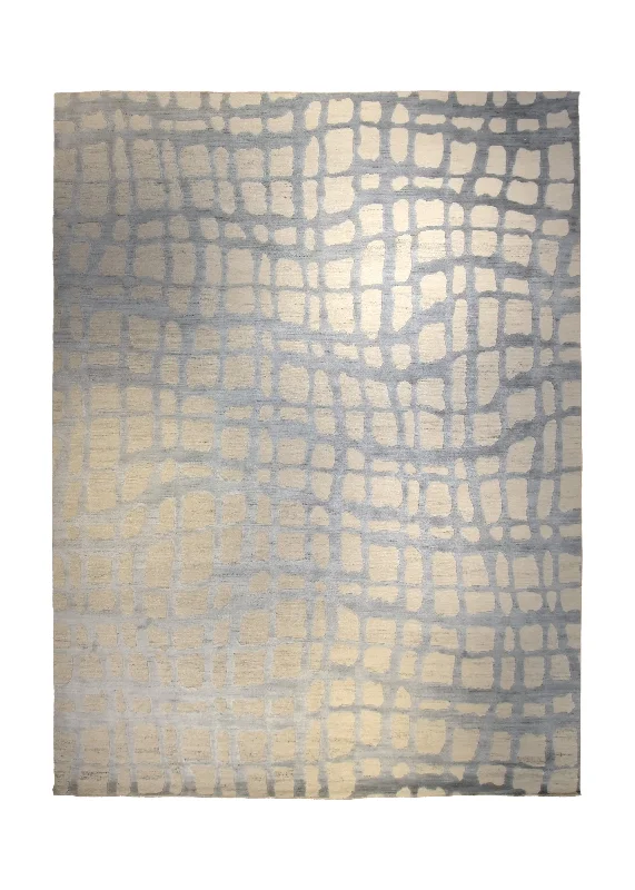 Oriental Rug Indian Handmade Area Modern Neutral 9'1"x12'0" (9x12) Whites/Beige Gray Abstract Lattice Design #A35327