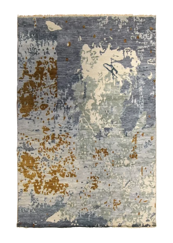 Oriental Rug Indian Handmade Area Modern 6'0"x9'2" (6x9) Gray Yellow/Gold Abstract Splatter Design #A35287