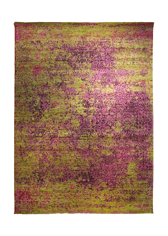 Oriental Rug Indian Handmade Area Modern 9'1"x12'4" (9x12) Green Purple Abstract Erased Design #A35297