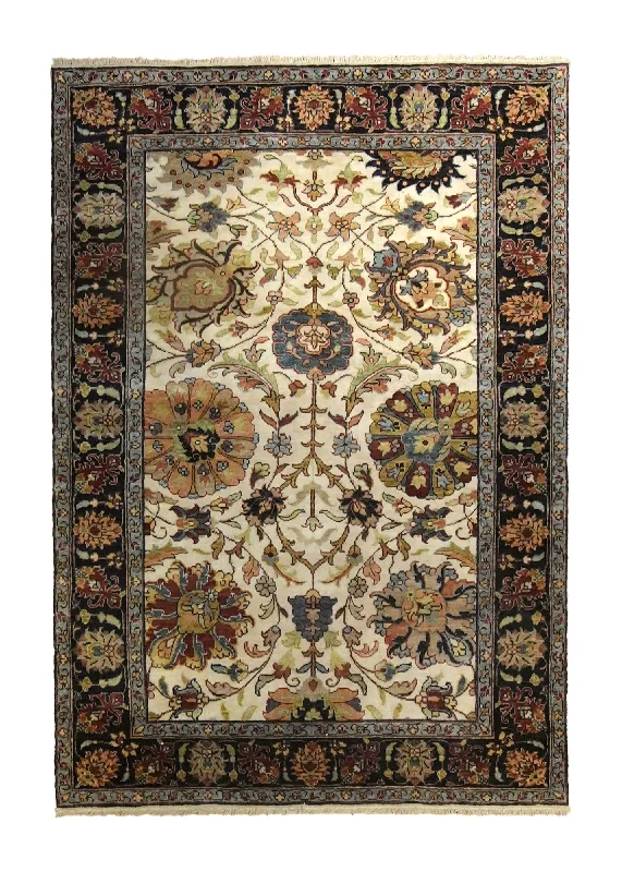 Oriental Rug Indian Handmade Area Traditional 4'0"x5'9" (4x6) Whites/Beige Red Floral Design #A35314