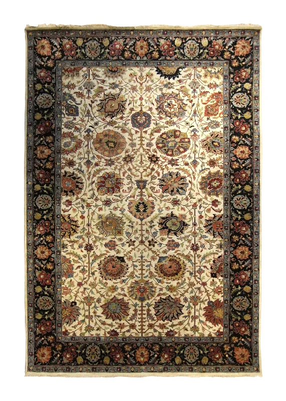 Oriental Rug Indian Handmade Area Traditional 6'0"x8'9" (6x9) Whites/Beige Blue Floral Design #A35312