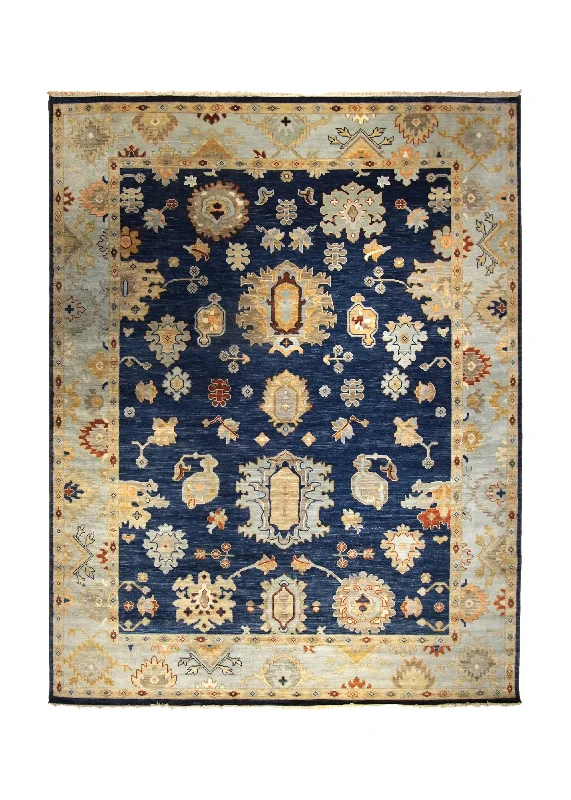 Oriental Rug Indian Handmade Area Traditional Transitional 9'2"x11'10" (9x12) Blue Yellow/Gold Geometric Oushak Design #A35291