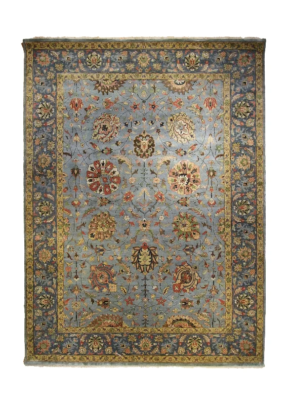 Oriental Rug Indian Handmade Area Traditional Transitional 9'1"x12'1" (9x12) Blue Yellow/Gold Green Floral Oushak Design #A35310