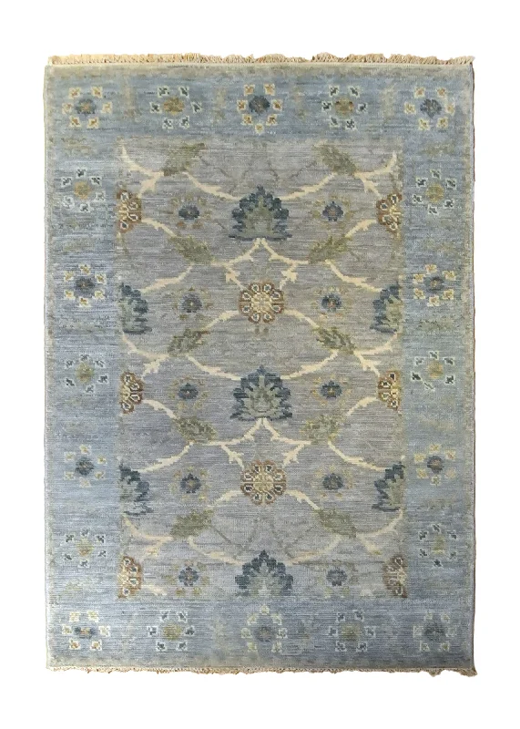 Oriental Rug Indian Handmade Area Transitional 4'3"x5'11" (4x6) Blue Gray Floral Oushak Design #A35308