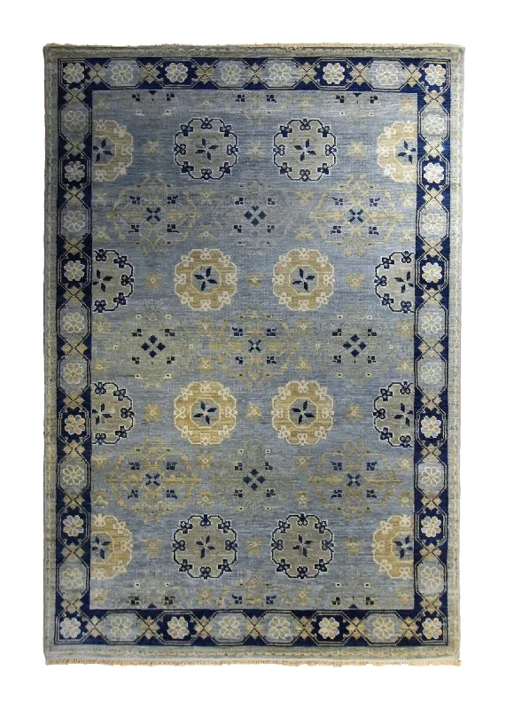 Oriental Rug Indian Handmade Area Transitional 6'1"x9'1" (6x9) Blue Yellow/Gold Geometric Khotan Design #A35306