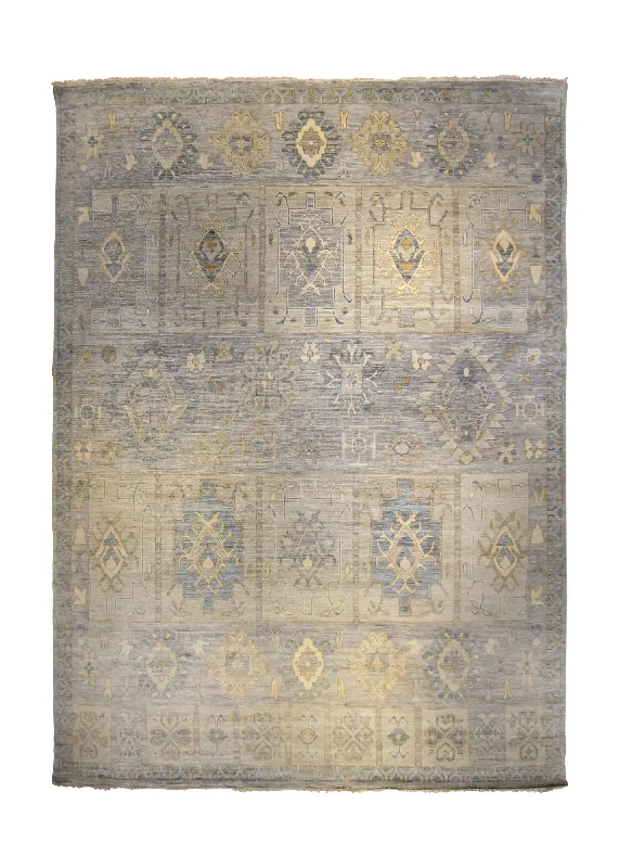 Oriental Rug Indian Handmade Area Transitional Neutral 10'2"x14'0" (10x14) Blue Whites/Beige Geometric Panel Design #A35294