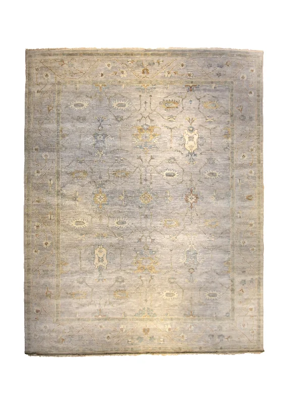 Oriental Rug Indian Handmade Area Transitional Neutral 12'2"x15'2" (12x15) Blue Whites/Beige Yellow/Gold Floral Oushak Design #A35296