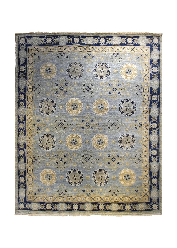 Oriental Rug Indian Handmade Area Transitional Neutral 8'1"x10'1" (8x10) Whites/Beige Yellow/Gold Geometric Khotan Design #A35307