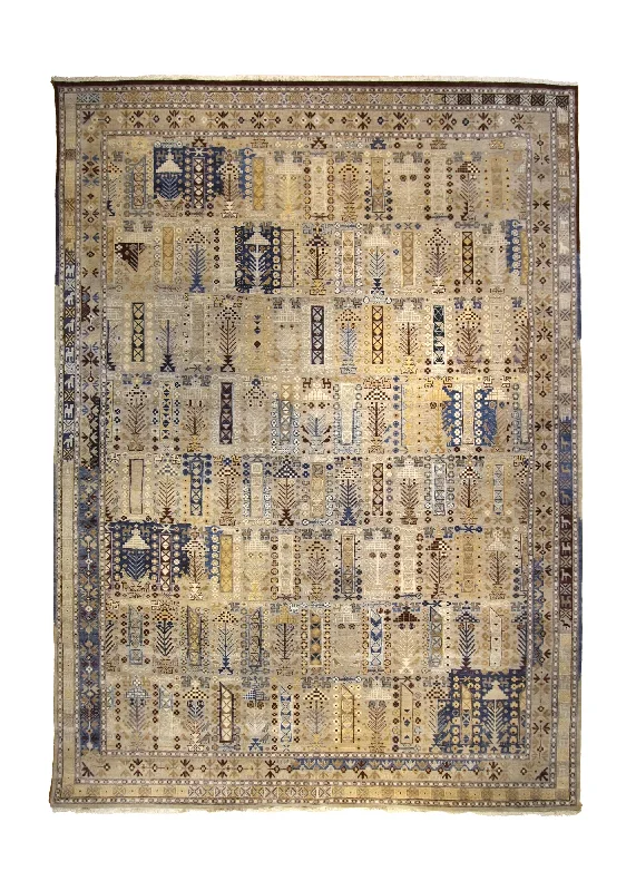 Oriental Rug Indian Handmade Area Transitional Tribal 10'0"x14'0" (10x14) Whites/Beige Blue Yellow/Gold Geometric Animals Tree of Life Design #A35298