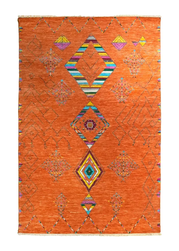 Oriental Rug Indian Handmade Area Transitional Tribal 5'11"x9'1" (6x9) Orange Multi-color Geometric Moroccan Southwest Design #A35286