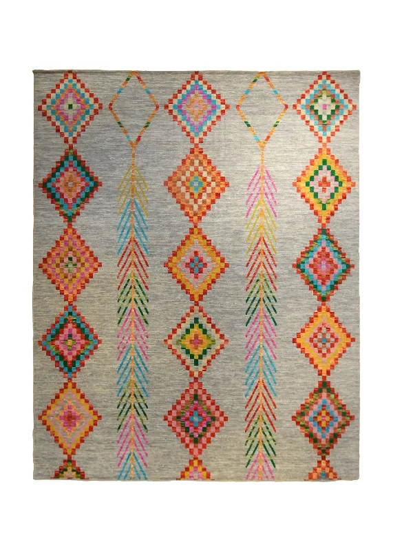 Oriental Rug Indian Handmade Area Transitional Tribal 8'1"x10'2" (8x10) Multi-color Whites/Beige Orange Geometric Moroccan Southwest Design #A35290