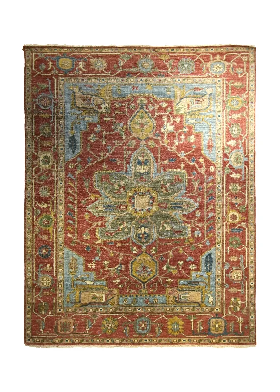 Oriental Rug Indian Handmade Area Transitional Tribal 7'9"x10'0" (8x10) Red Green Geometric Serapi Design #A35332