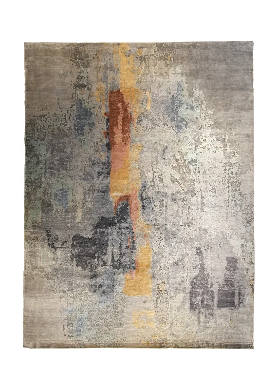 Oriental Rug Indian Handmade Area Modern 9'0"x12'0" (9x12) Gray Orange Yellow/Gold Abstract Splatter Design #A35320