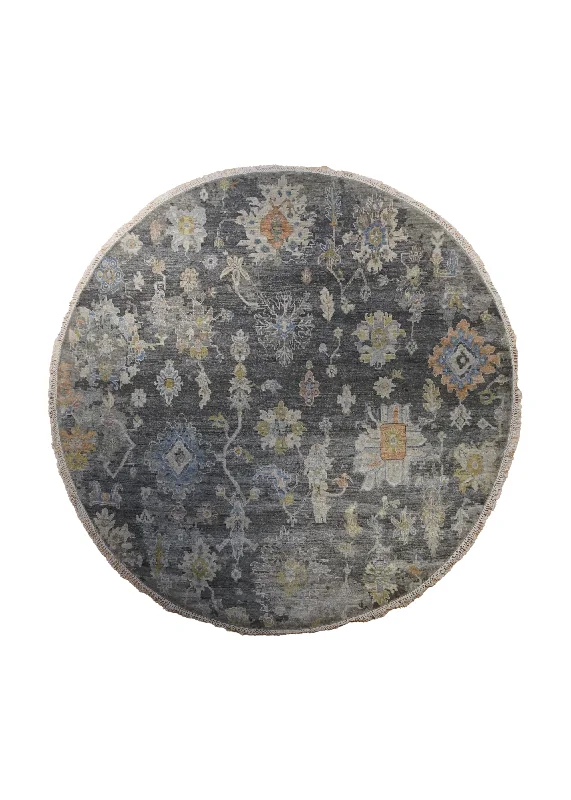 Oriental Rug Indian Handmade Round Transitional Neutral 8'0"x8'0" (8x8) Gray Oushak Design #A34222