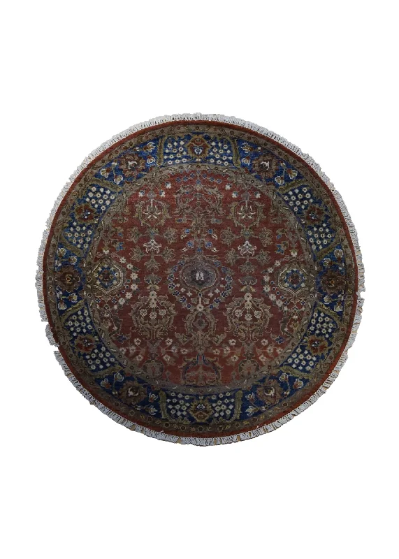 Oriental Rug Indian Handmade Round Traditional 4'0"x4'0" (4x4) Red Blue Floral Design #A34850