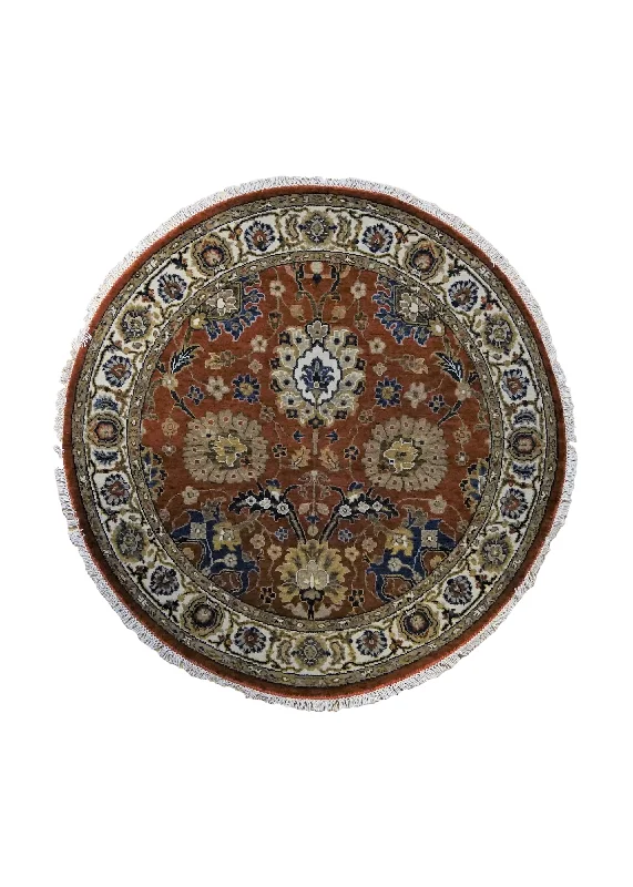 Oriental Rug Indian Handmade Round Traditional 4'2"x4'2" (4x4) Red Oushak Design #A34560