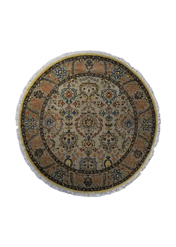 Oriental Rug Indian Handmade Round Traditional 4'1"x4'1" (4x4) Whites/Beige Floral Design #A34558