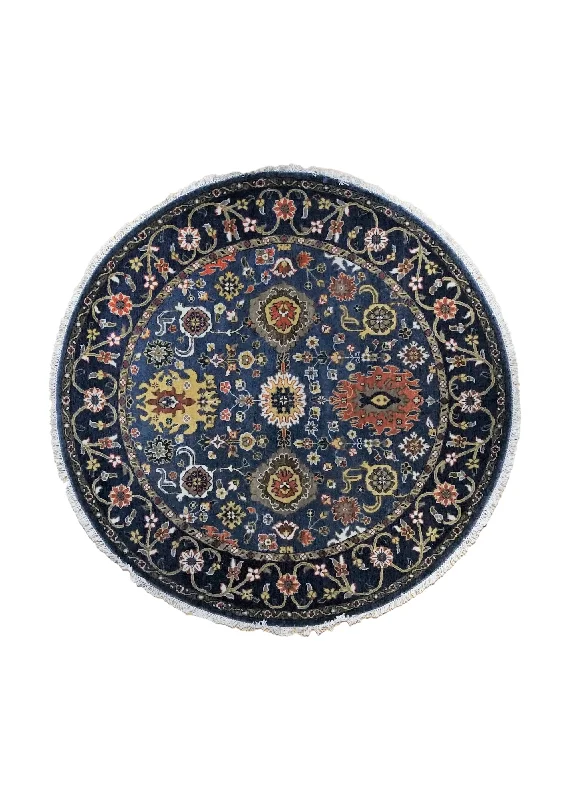 Oriental Rug Indian Handmade Round Traditional 5'2"x5'2" (5x5) Blue Oushak Design #A34573