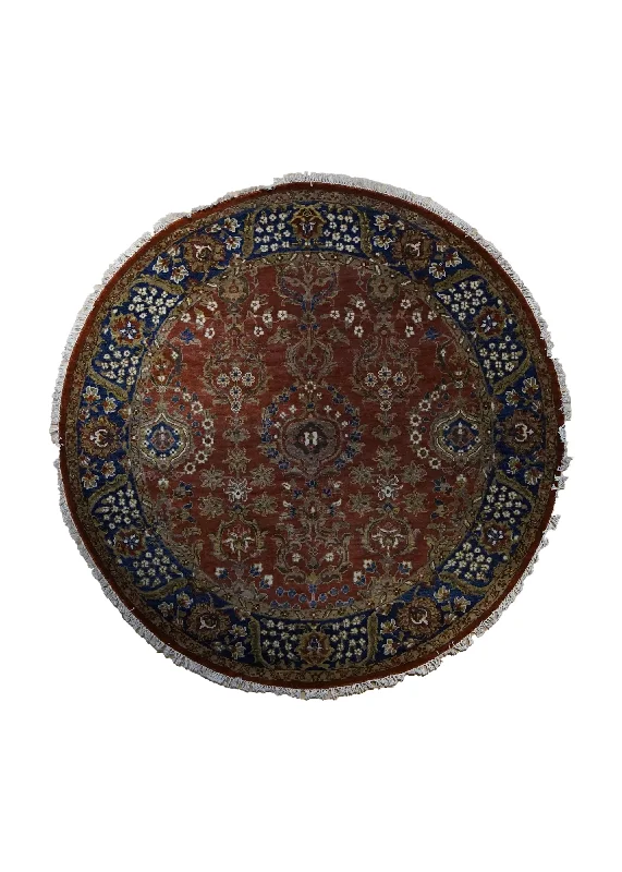 Oriental Rug Indian Handmade Round Traditional 5'2"x5'2" (5x5) Red Blue Floral Design #A34851