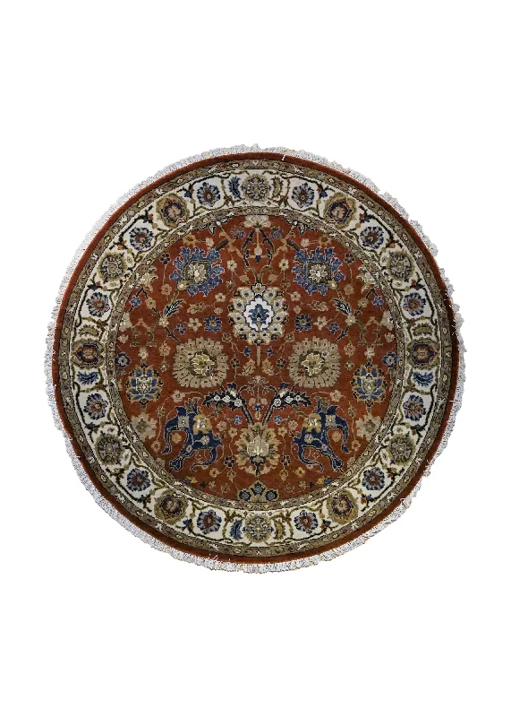 Oriental Rug Indian Handmade Round Traditional 5'1"x5'1" (5x5) Red Oushak Design #A34545