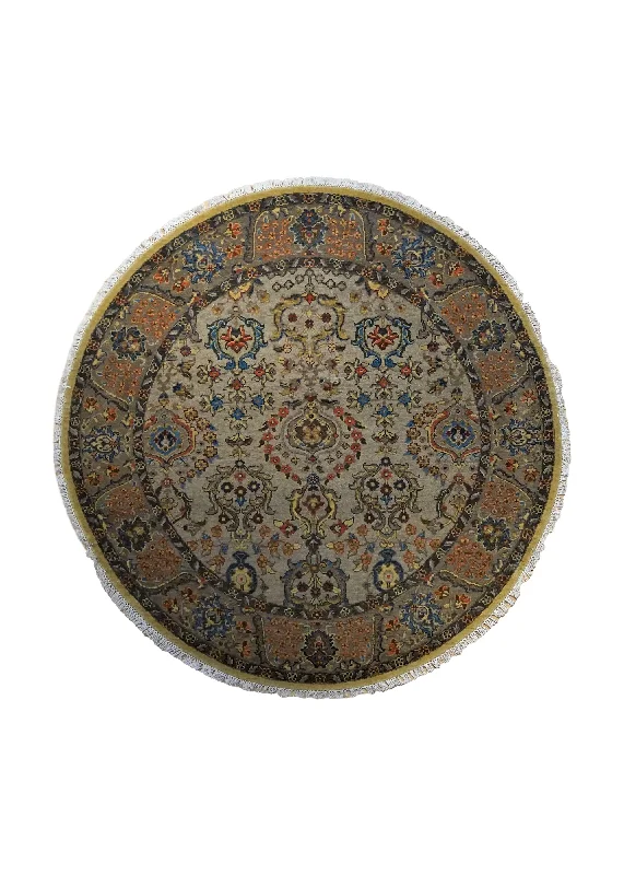 Oriental Rug Indian Handmade Round Traditional 5'2"x5'2" (5x5) Whites/Beige Floral Design #A34565