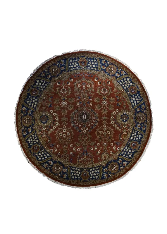 Oriental Rug Indian Handmade Round Traditional 6'0"x6'0" (6x6) Red Blue Floral Design #A34852