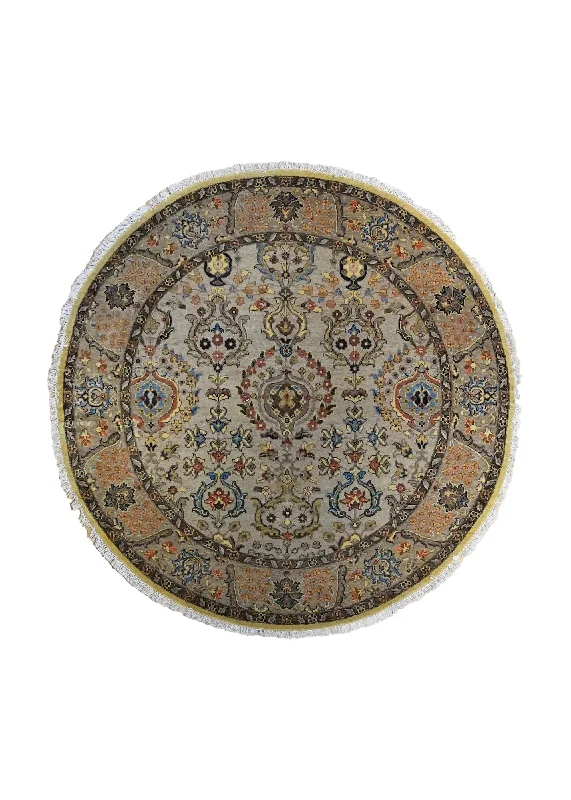 Oriental Rug Indian Handmade Round Traditional 6'0"x6'0" (6x6) Whites/Beige Floral Design #A34570