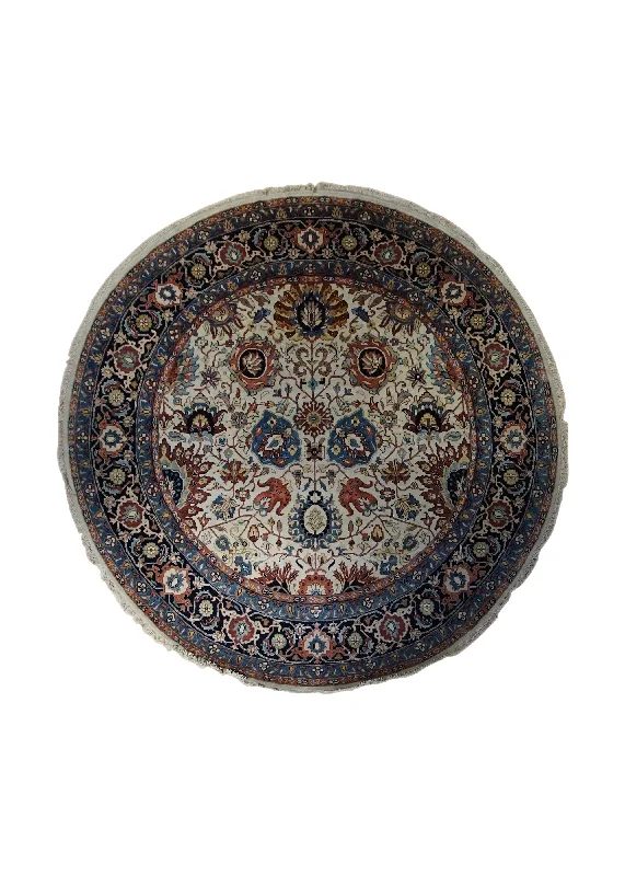 Oriental Rug Indian Handmade Round Traditional 8'0"x8'0" (8x8) Whites/Beige Blue Floral Design #A34061