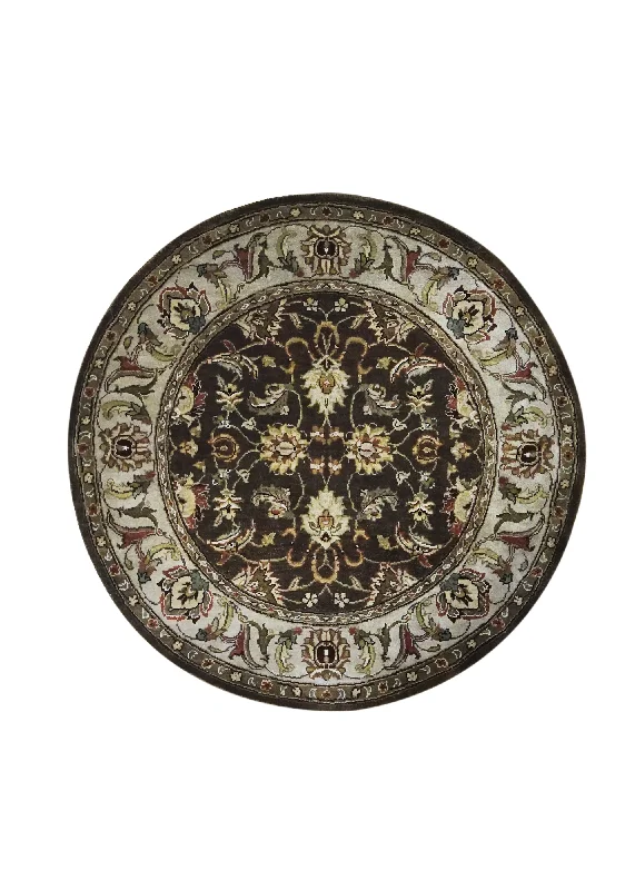 Oriental Rug Indian Handmade Round Transitional 4'0"x4'0" (4x4) Brown Green Tea Washed Floral Design #A31629