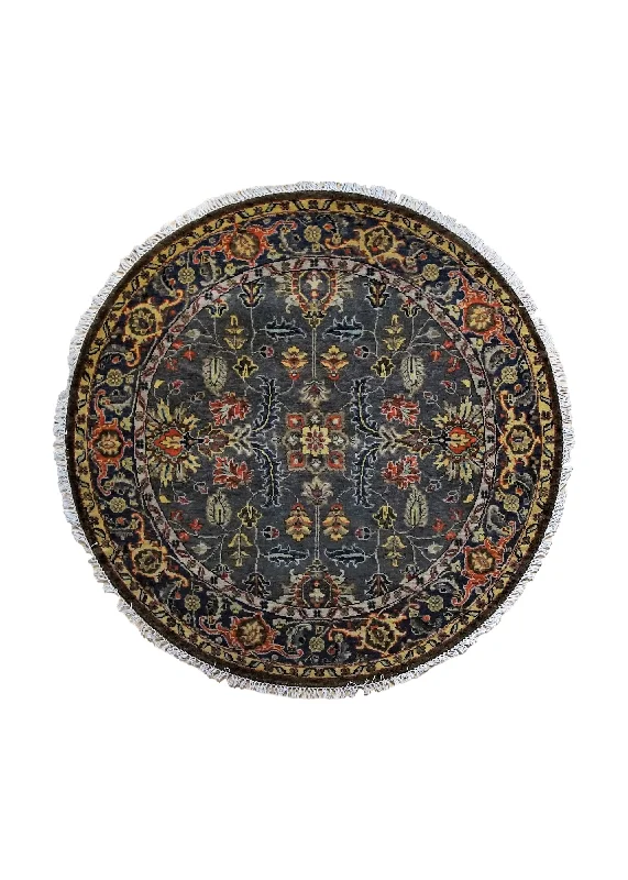 Oriental Rug Indian Handmade Round Transitional 4'0"x4'0" (4x4) Yellow/Gold Gray Heriz Design #A34557