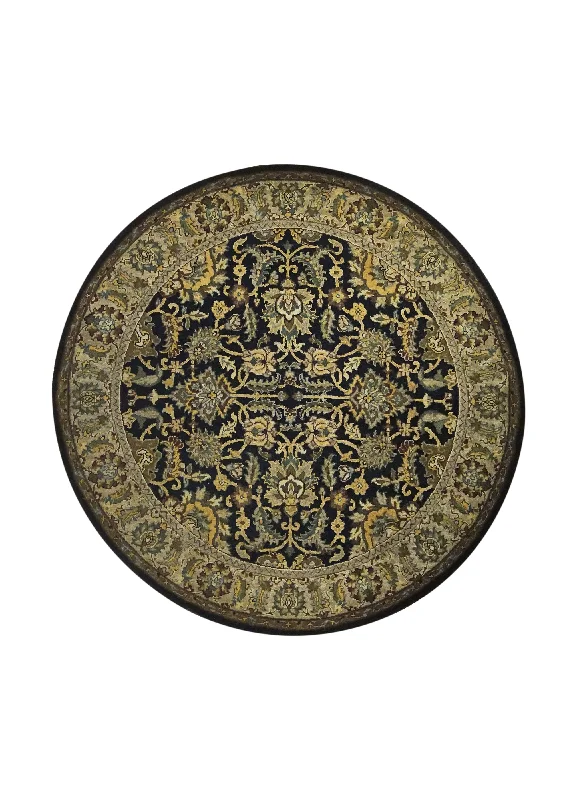 Oriental Rug Indian Handmade Round Transitional 5'0"x5'0" (5x5) Black Yellow/Gold Green Tea Washed Floral Design #A31627