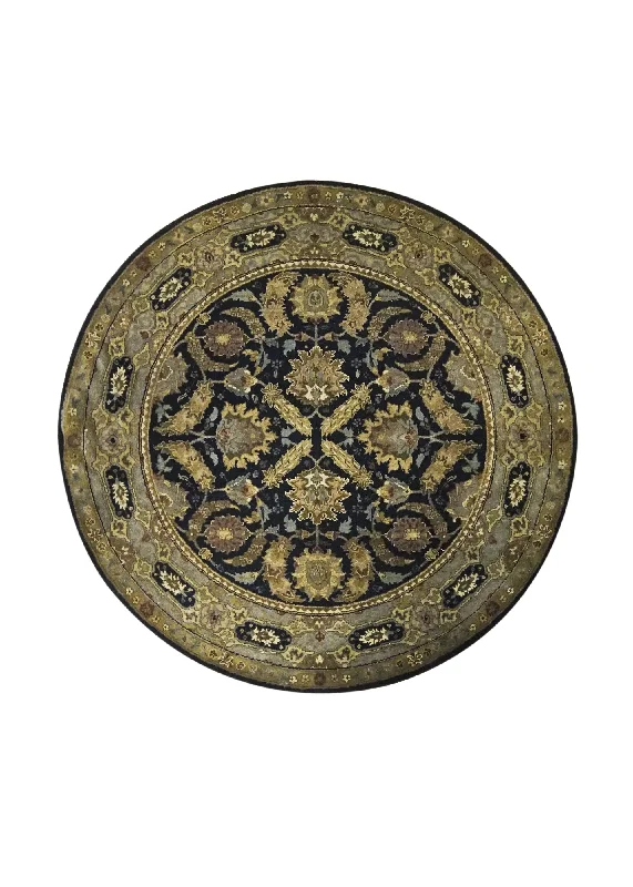 Oriental Rug Indian Handmade Round Transitional 5'0"x5'1" (5x5) Black Yellow/Gold Green Tea Washed Floral Design #A31628