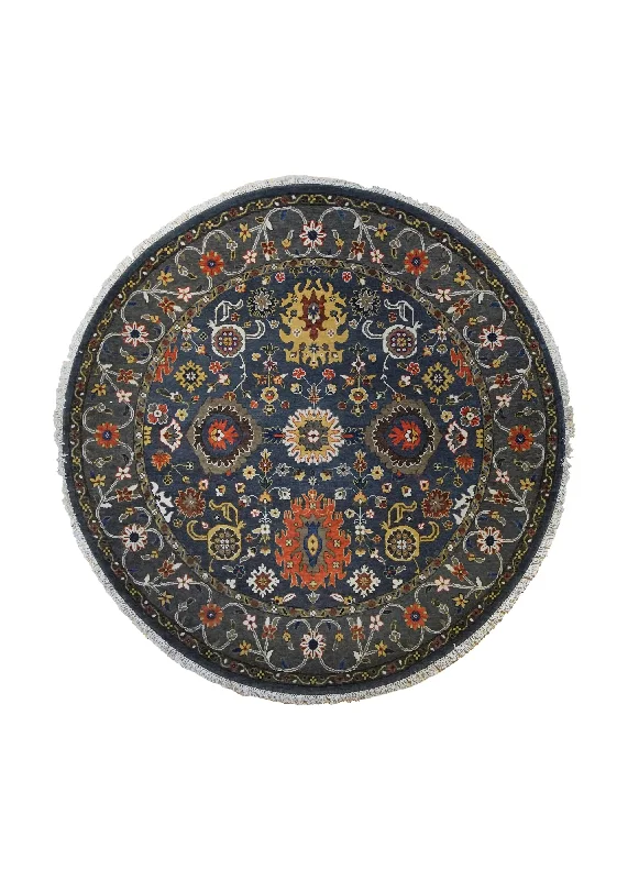 Oriental Rug Indian Handmade Round Transitional 6'1"x6'1" (6x6) Blue Oushak Design #A34540