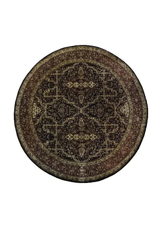 Oriental Rug Indian Handmade Round Transitional 6'10"x6'10" (7x7) Black Red Floral Design #A34646