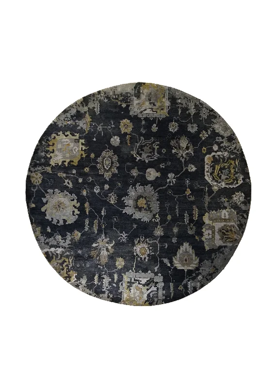 Oriental Rug Indian Handmade Round Transitional 8'0"x8'0" (8x8) Black Gray Geometric Oushak Design #A33179