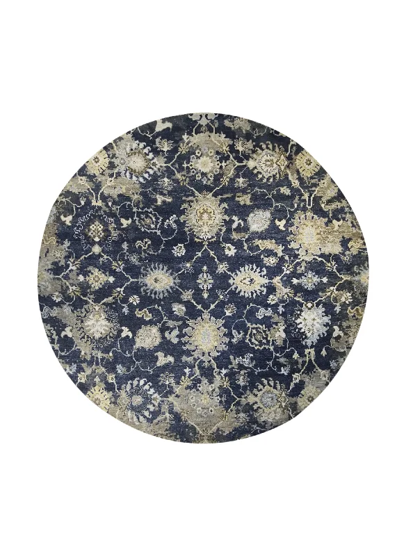 Oriental Rug Indian Handmade Round Transitional 8'0"x8'0" (8x8) Blue Whites/Beige Floral Oushak Design #A31730