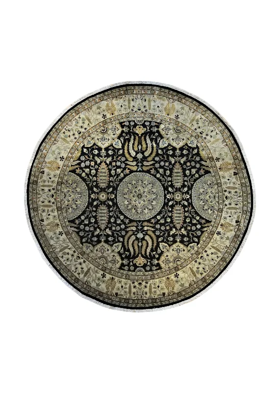 Oriental Rug Indian Handmade Round Transitional 8'11"x8'11" (9x9) Yellow/Gold Black Tea Washed Floral Design #A34834