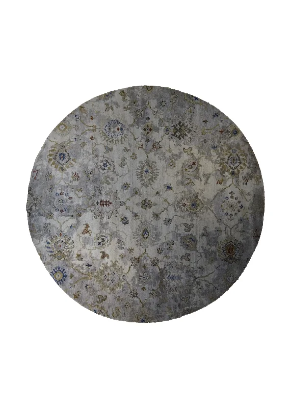 Oriental Rug Indian Handmade Round Transitional Neutral 8'0"x8'0" (8x8) Whites/Beige Gray Floral Oushak Design #A33181