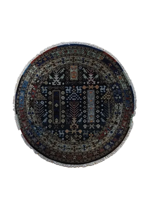 Oriental Rug Indian Handmade Round Transitional Tribal 4'1"x4'1" (4x4) Blue Geometric Animals Design #A34853