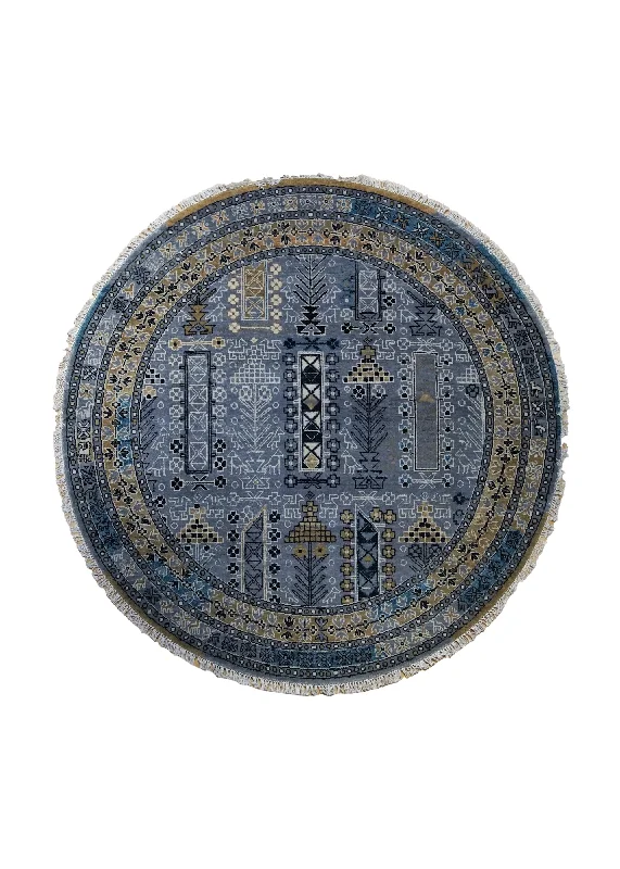 Oriental Rug Indian Handmade Round Transitional Tribal 5'3"x5'3" (5x5) Blue Geometric Design #A34567