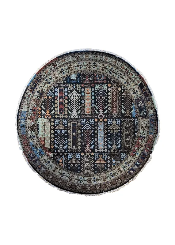 Oriental Rug Indian Handmade Round Transitional Tribal 6'0"x6'0" (6x6) Blue Geometric Design #A34572