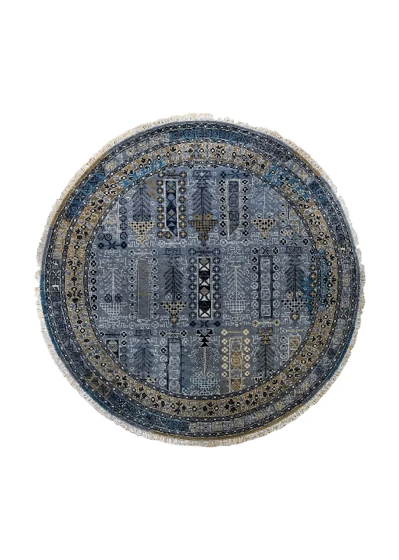 Oriental Rug Indian Handmade Round Transitional Tribal 6'0"x6'0" (6x6) Blue Geometric Design #A34575