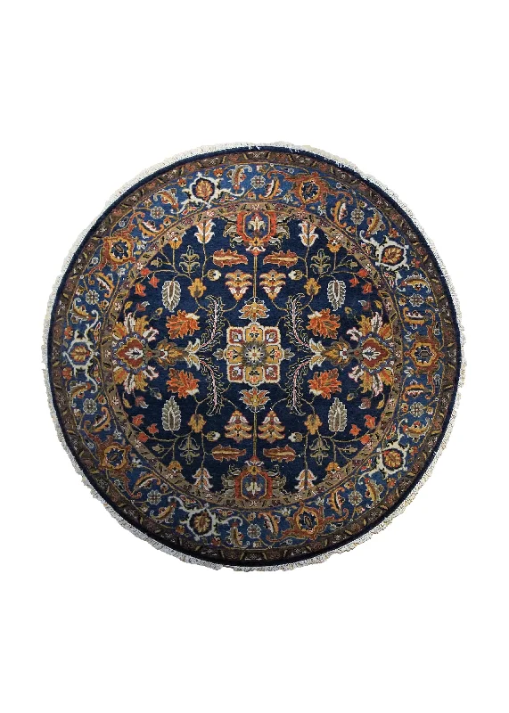 Oriental Rug Indian Handmade Round Transitional Tribal 6'2"x6'2" (6x6) Blue Orange Heriz Design #A34564