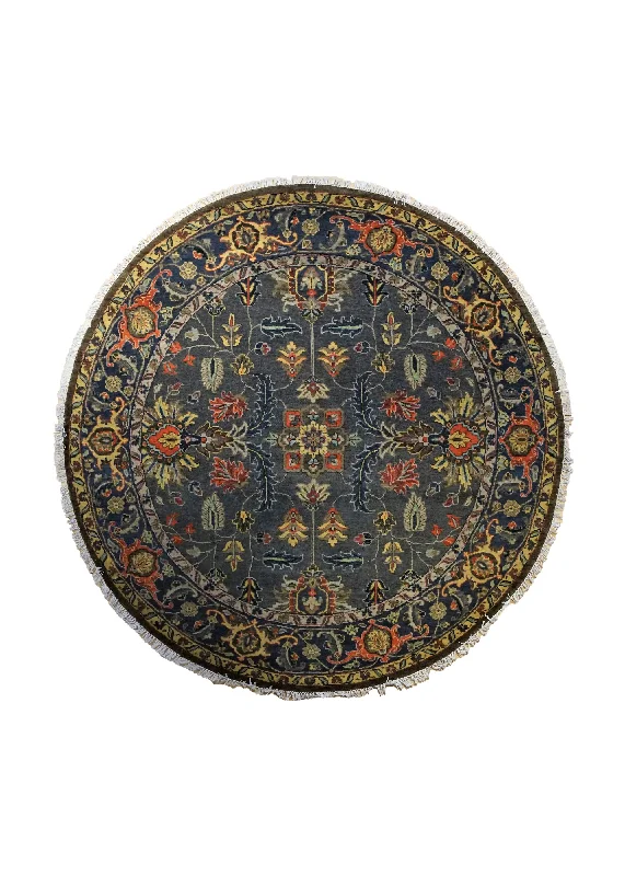 Oriental Rug Indian Handmade Round Transitional Tribal 6'2"x6'2" (6x6) Blue Yellow/Gold Heriz Design #A34566